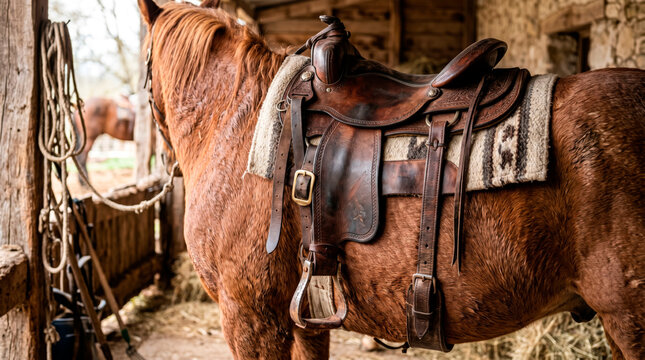 Sela e equipamento de montaria sobre cavalo em est&aacute;bulo r&uacute;stico