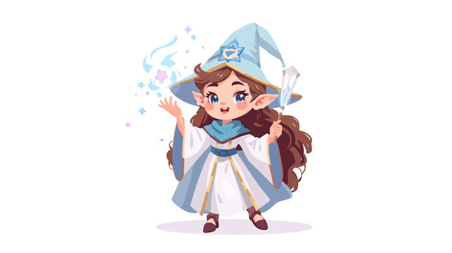 A young female mage performs magic outdoors in a cute fantasy scene.