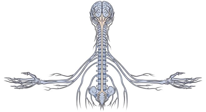 Illustration of the human nervous system with detailed spinal cord, brain, and outstretched arms
