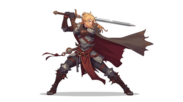 Fantasy warrior character vector illustration with sword and armor standing heroically in a powerful stance.