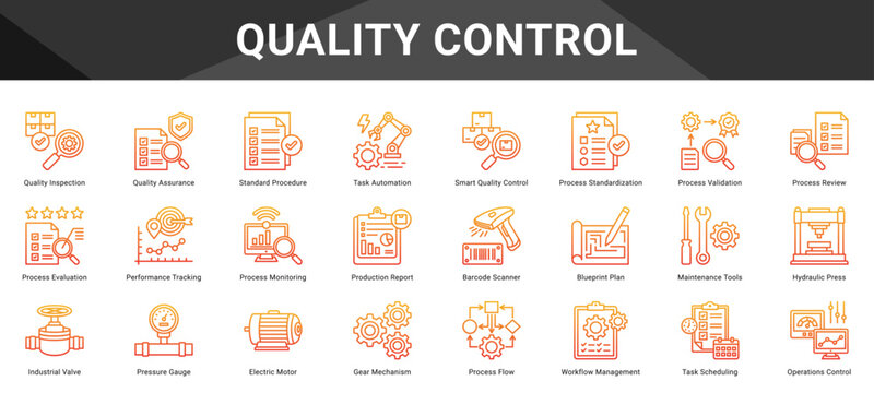 QUALITY CONTROL  Icon set collection. Vector icon pack featuring thematic icons for your presentations or business.