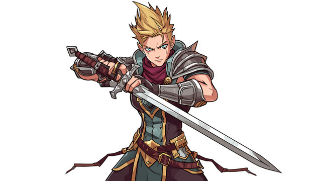 A muscular blond man in armor holds a large sword in a fighting stance indoors.