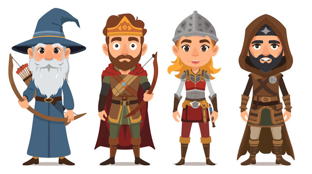 Fantasy characters including a wizard, king, female warrior, and archer stand ready for battle
