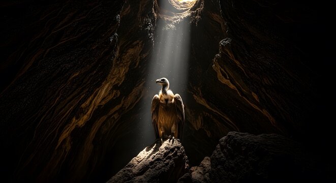 Majestic vulture perched on rocky outcrop inside dimly lit cave under spotlight of heaven.