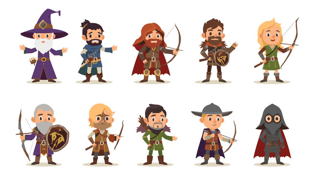 A set of fantasy characters vector including wizard and warriors standing together.