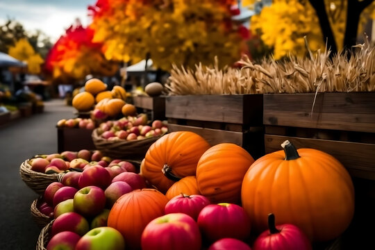 Autumn Harvest Display of Ripe Pumpkins Surrounded by Colorful Fall Leaves in Warm Golden Seasonal Light