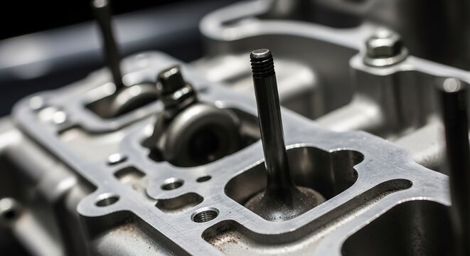 Close-up of Engine Cylinder Head with Valves and Gasket.