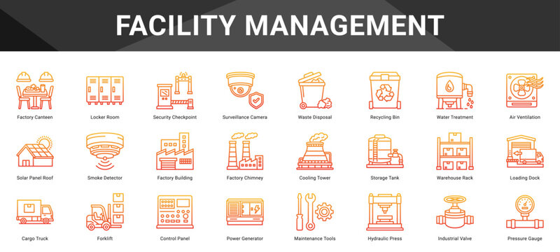 FACILITY MANAGEMENT  Icon set collection. Vector icon pack featuring thematic icons for your presentations or business.
