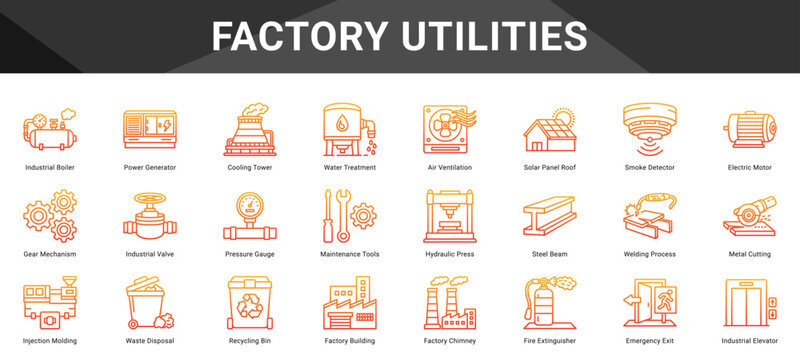 FACTORY UTILITIES  Icon set collection. Vector icon pack featuring thematic icons for your presentations or business.