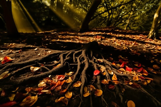 Scenic Autumn Leaves on a Rustic Wall Reflected in Tranquil Water Beside a Rain Covered Window in Warm Golden Light