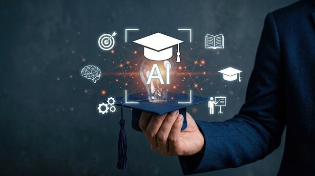 Graduation cap with glowing AI lightbulb and educational icons symbolizing artificial intelligence in learning machine learning education learning graduation lightbulb knowledge technology
