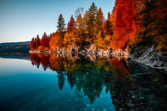 Scenic Autumn Lake Surrounded by Colorful Forest and Majestic Mountains Under Golden Morning Light