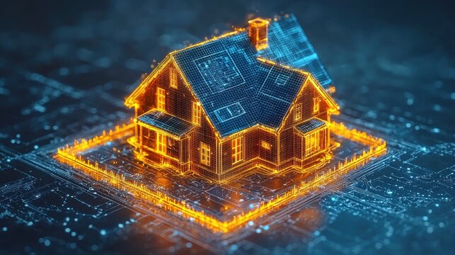 Futuristic Smart Home Digital Blueprint Illuminated on Circuit Board.