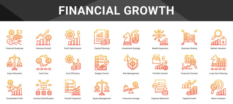 FINANCIAL GROWTH  Icon set collection. Vector icon pack featuring thematic icons for your presentations or business.