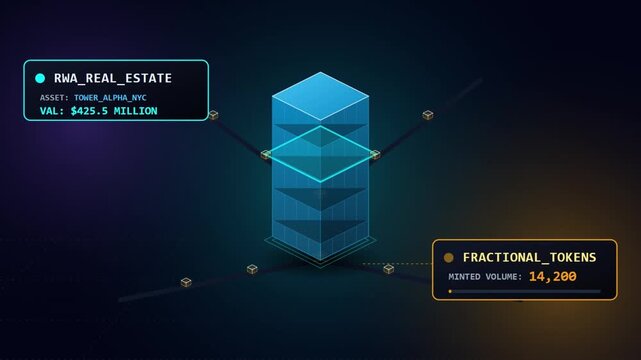 Futuristic HUD animation of RWA real estate tokenization, showing fractional tokens minted for a New York City skyscraper asset on a dark background