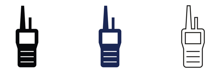 Walkie Talkie Radio Icons Communication Device Set. Set of walkie talkie icons in outline, solid, and colored styles with signal waves, representing wireless communication and radio devices. © KD Vector Studio