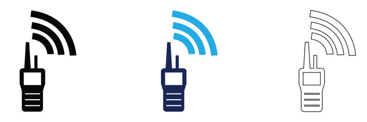 Walkie Talkie Radio Icons Communication Device Set. Set of walkie talkie icons in outline, solid, and colored styles with signal waves, representing wireless communication and radio devices. © KD Vector Studio