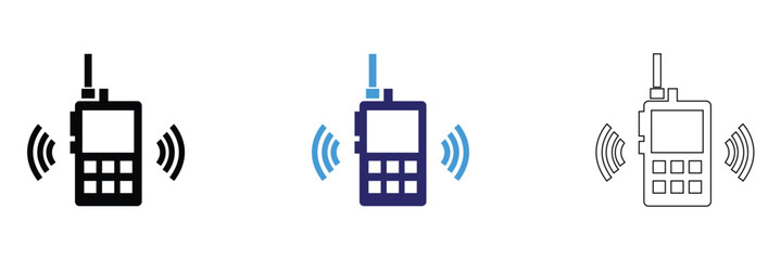 Walkie Talkie Radio Icons Communication Device Set. Set of walkie talkie icons in outline, solid, and colored styles with signal waves, representing wireless communication and radio devices. © KD Vector Studio