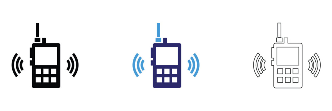 Walkie Talkie Radio Icons Communication Device Set. Set of walkie talkie icons in outline, solid, and colored styles with signal waves, representing wireless communication and radio devices.