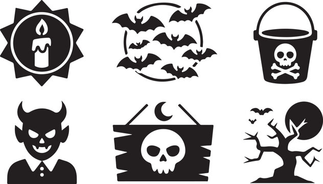 Set of black halloween icons with candle bats skull bucket devil sign and spooky tree