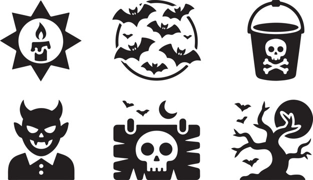 Set of black and white halloween icons featuring bats skulls candles and scary spooky elements