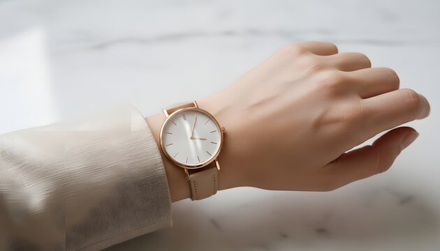 Close up of a woman adjusting her rose gold watch on her wrist over a marble surface for a time management and elegant lifestyle concept with minimalist lighting