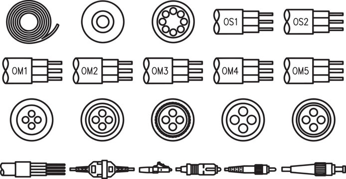 Line art illustration of a variety of fiber optic cable connectors, showcasing their diverse designs, precise construction, and importance in network.