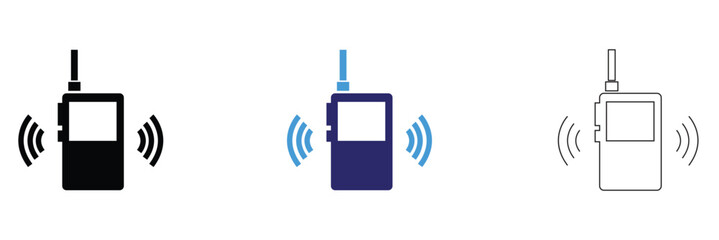 Walkie Talkie Radio Icons Communication Device Set. Set of walkie talkie icons in outline, solid, and colored styles with signal waves, representing wireless communication and radio devices. © KD Vector Studio