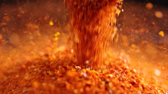 Closeup of vibrant orange spices being poured and falling in slow motion.