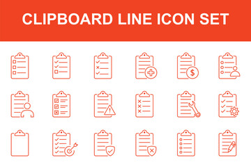 Outline clipboard icon set with checkmark and cross, Checklist Report Symbol, Task Management UI Element, Document Edit Graphic, Line Art Vector Collection. clipboard line icon set. Minimalist. EPS 10 © HIKESTUDIO 7