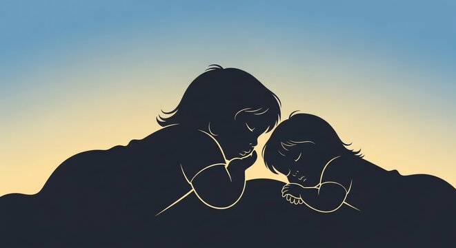 Two adorable toddlers sleeping peacefully together in a gentle silhouette illustration designed for comfort and the celebration of childhood innocence today