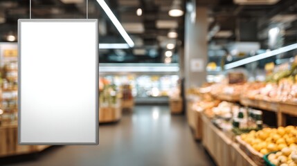 Fototapeta premium High quality photo of blank Vertical White Hanging Sign Mockup in a Blurred Supermarket Store Background.