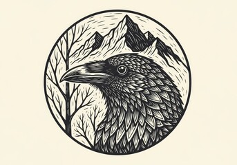 Fototapeta premium Linocut style raven head with mountain background circular emblem