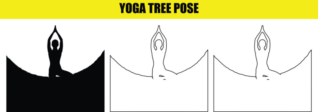 Yoga tree pose silhouette set showing female figure practicing meditation in nature with vrikshasana vector art.