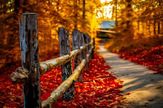 Scenic Autumn Park with Colorful Fall Leaves Covering a Rustic Wooden Fence in Golden Morning Light