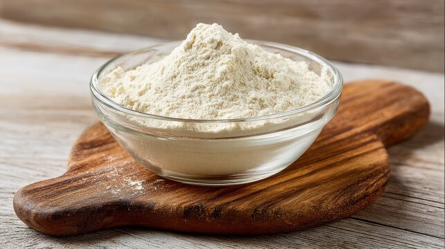 High quality photo of guar gum powder in glass bowl on wooden board. White powder additive derived from guar beans, used as a food additive E412, binder and excessive water.