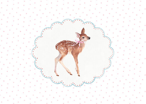 Elegant Baby Deer Watercolor Illustration with Bow in Decorative Frame, Luxury Nursery Wall Art, Soft Pastel Animal Design for Baby Room Decor, Prints and Baby Shower