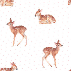 Seamless watercolor deer pattern, baby fawn nursery background, cute woodland animals, pastel kids wallpaper