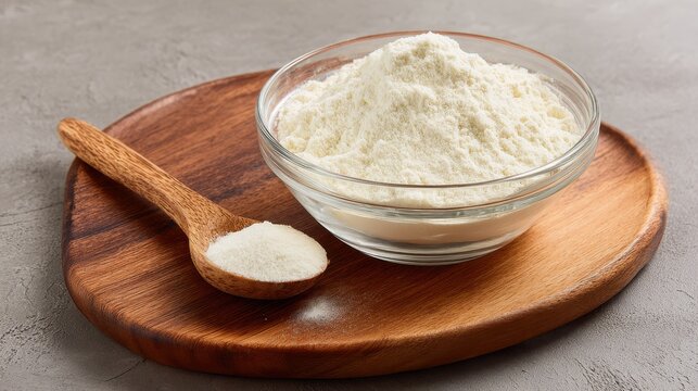 High quality photo of guar gum powder in glass bowl on wooden board. White powder additive derived from guar beans, used as a food additive E412, binder and excessive water.