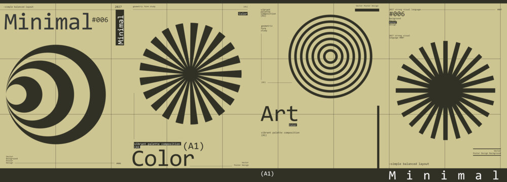 Minimalist geometric design featuring bold black shapes on a beige background. The composition includes spirals and radial patterns, creating a modern and artistic look.