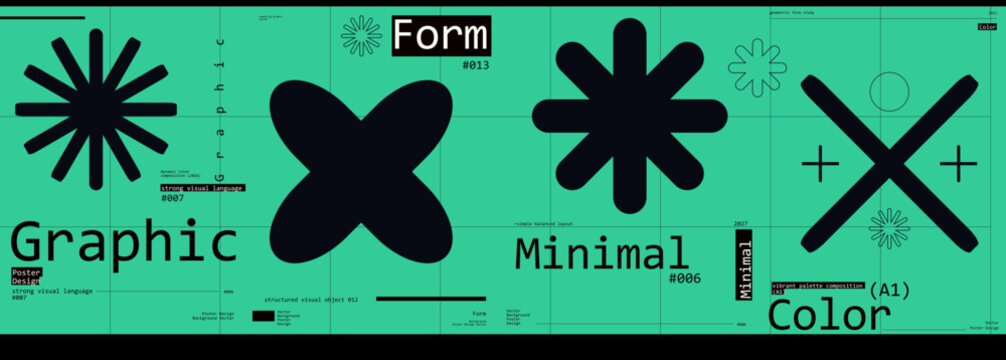 Abstract geometric design featuring bold shapes and text elements on a teal background. The composition emphasizes minimalism and modern graphic design principles.
