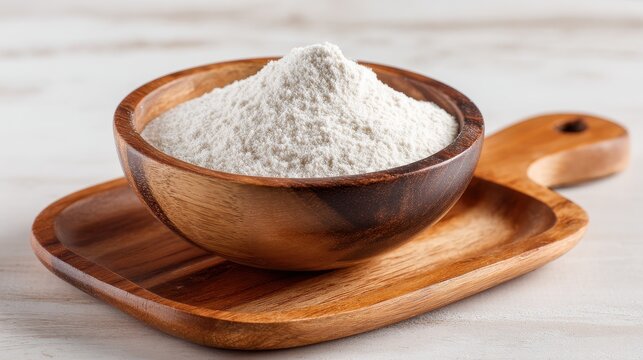 High quality photo of guar gum powder in glass bowl on wooden board. White powder additive derived from guar beans, used as a food additive E412, binder and excessive water.