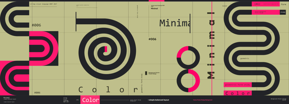 Minimalist geometric design featuring bold black and pink lines on a beige background. The composition includes spirals and curves, creating a modern and abstract visual effect.
