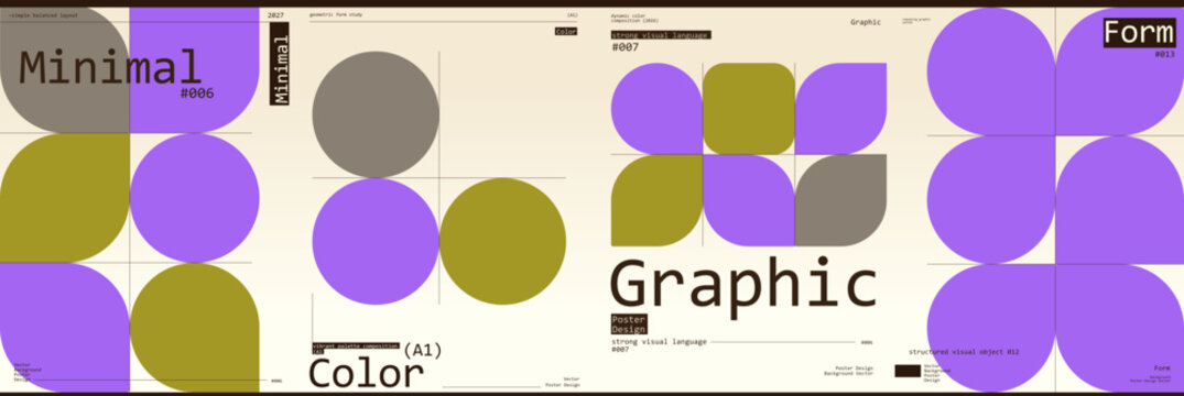 Minimalist geometric design featuring bold circles and squares in purple and olive tones. The composition emphasizes balance and simplicity, ideal for modern graphic projects.