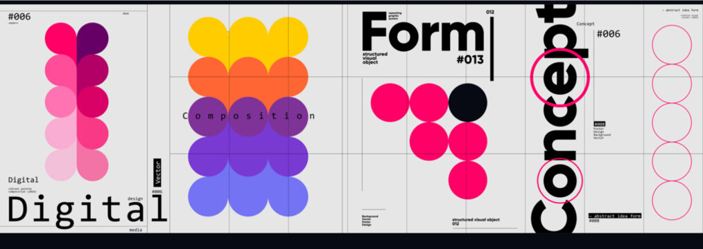 This illustration showcases a modern abstract design with vibrant geometric shapes and bold typography. The composition features circles in various colors, creating a dynamic visual effect.