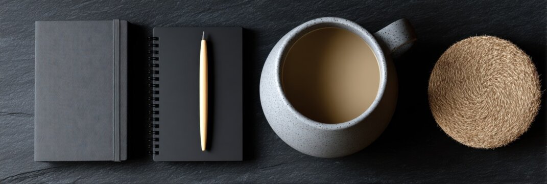 scandinavian knolling art, organized scandinavian design essentials in a top-down d knolling rendering, with a notebook, pen, mug, and coaster, on a slate surface with flat lighting