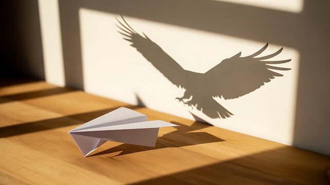 Paper airplane casts shadow of eagle against wall, symbolizing aspiration