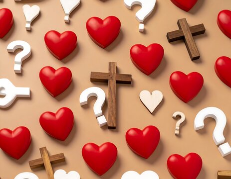 Red hearts, crosses, and question marks on beige