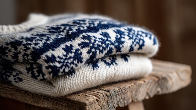 traditional norwegian knitwear, elaborate norwegian selbu rose pattern on wool sweater adds intricate texture and cozy atmosphere