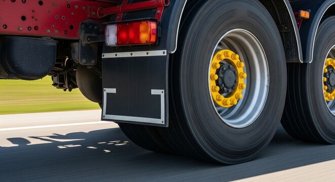Close-up view of the rear dual wheels of a large truck in motion on a paved road, showing detail.